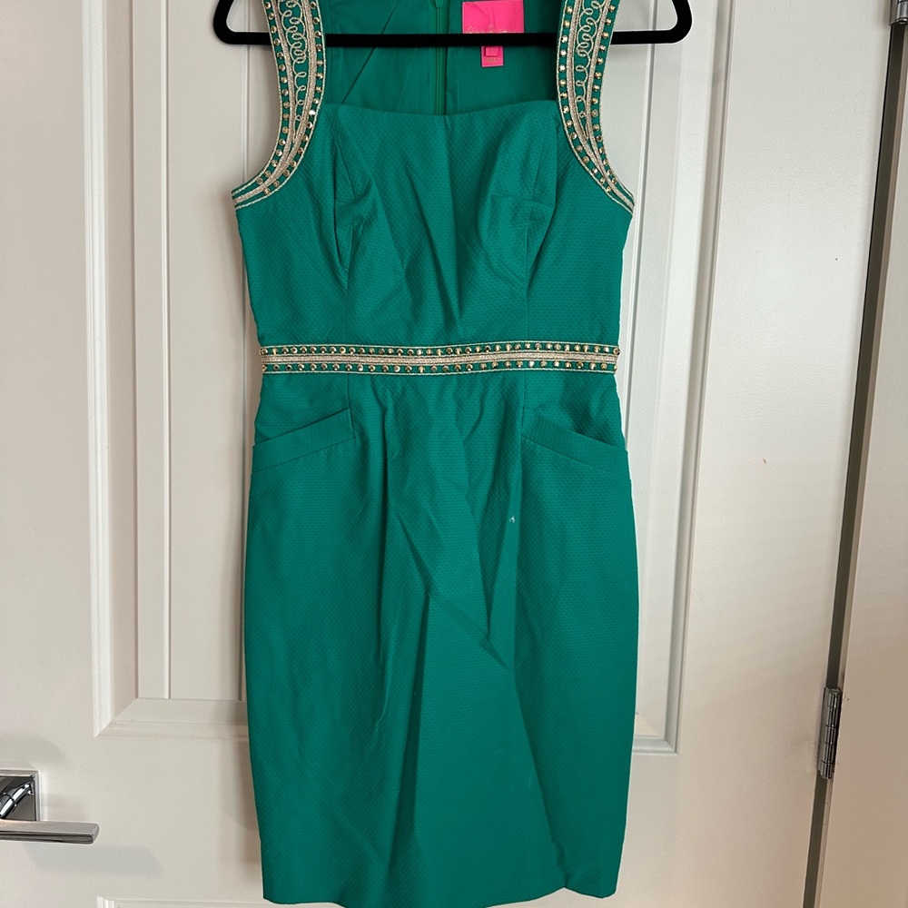 Lilly Pulitzer Elegant Green Sleeveless With Gold Embellishments Dress
